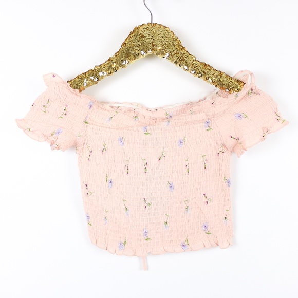 Pink Pastel Off Shoulder Shirred Lace Up Crop Top - Picture 5 of 7